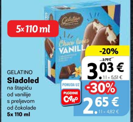 GELATINO Sladoled na štapiću od vanilije s preljevom od čokolade 5x 110 ml