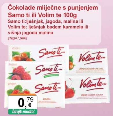 Čokolade mliječne s punjenjem Samo ti ili Volim te 100g