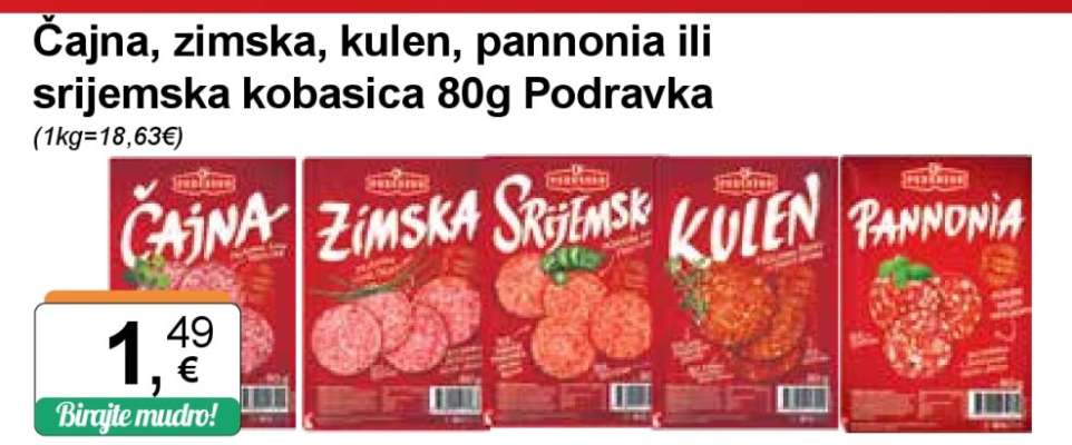 Čajna, zimska, kulen, pannonia ili srijemska kobasica 80g Podravka