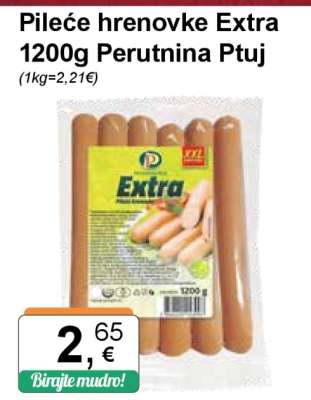 Pileće hrenovke Extra 1200g Perutnina Ptuj