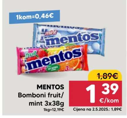 MENTOS Bomboni fruit/mint 3x38g