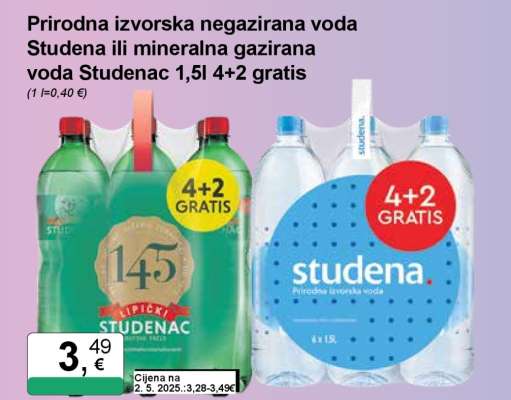 Prirodna izvorska negazirana voda Studena ili mineralna gazirana voda Studenac 1,5l 4+2 gratis