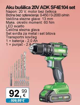 Aku bušilica 20V ADK SF4E104 set