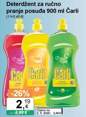 Deterdžent za ručno pranje posuđa 900 ml Čarli
