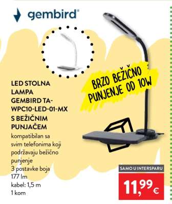 LED STOLNA LAMPA GEMBIRD TA-WPC10-LED-01-MX S BEŽIČNIM PUNJAČEM