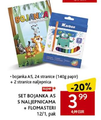 SET BOJANKA A5 S NALJEPNICAMA + FLOMASTERI 12/1, pak