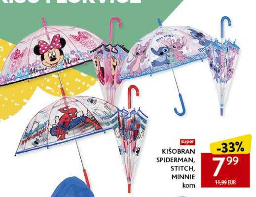 KIŠOBRAN SPIDERMAN, STITCH, MINNIE