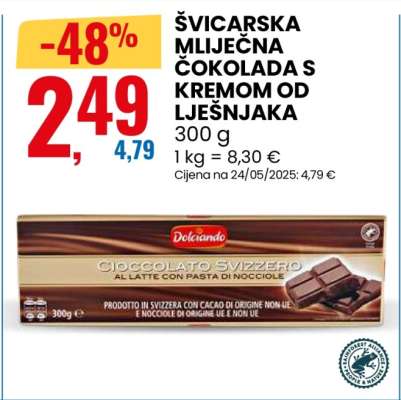 ŠVICARSKA MLIJEČNA ČOKOLADA S KREMOM OD LJEŠNJAKA
