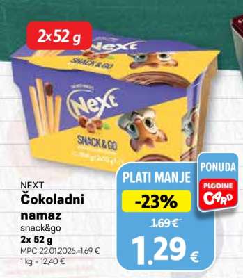 NEXT Čokoladni namaz snack & go 2x 52 g