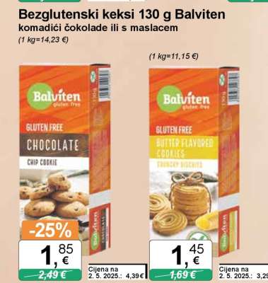 Bezglutenski keksi 130 g Balviten komadići čokolade ili s maslacem