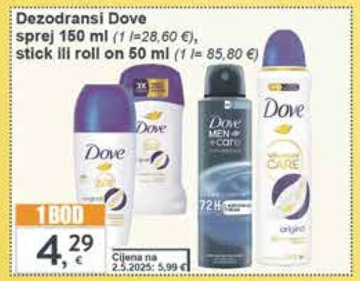 Dezodoransi Dove sprej 150 ml, stick ili roll on 50 ml