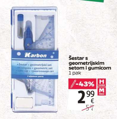 Šestar s geometrijskim setom i gumicom
