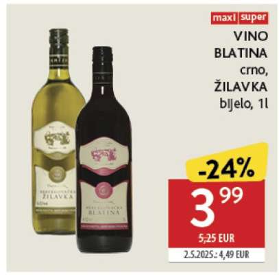 VINO BLATINA crno ŽILAVKA bijelo, 1l