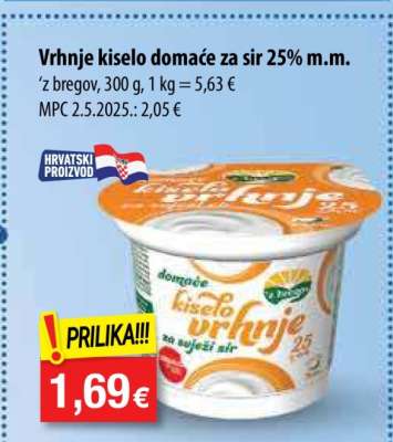 Vrhnje kiselo domaće za sir 25% m.m.