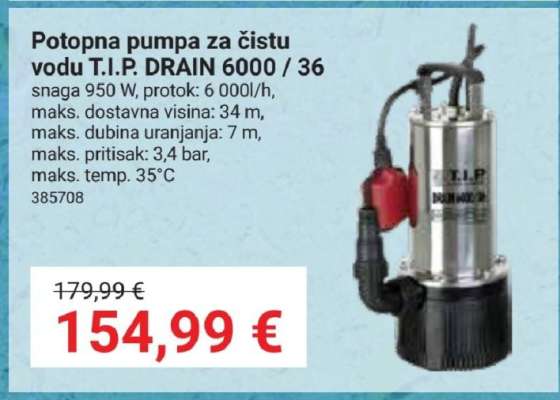 Potopna pumpa za čistu vodu T.I.P. DRAIN 6000/36
