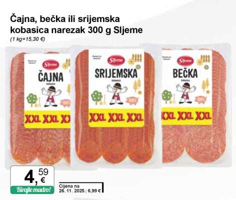 Čajna, bečka ili srijemska kobasica narezak 300 g Sljeme