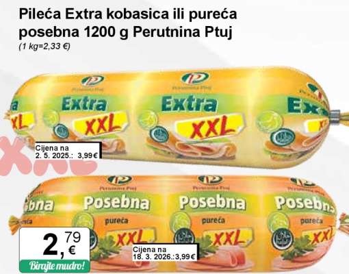 Pileća Extra kobasica ili pureća posebna 1200 g Perutnina Ptuj