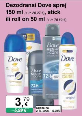 Dezodransi Dove sprej 150 ml, stick ili roll on 50 ml