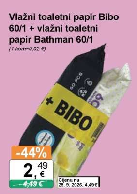 Vlažni toaletni papir Bibo 60/1 + vlažni toaletni papir Bathman 60/1