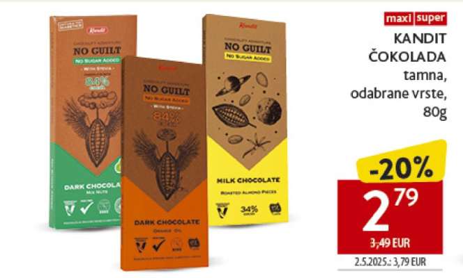 KANDIT ČOKOLADA tamna, odabrane vrste, 80g