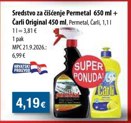 Sredstvo za čišćenje Permetal 650 ml + Čarli Original 450 ml