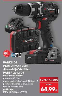 PARKSIDE PERFORMANCE® Aku odvijač-bušilica PABSP 20 Li C4