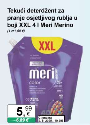 Tekući deterdžent za pranje osjetljivog rublja u boji XXL 4 l Meri Merino